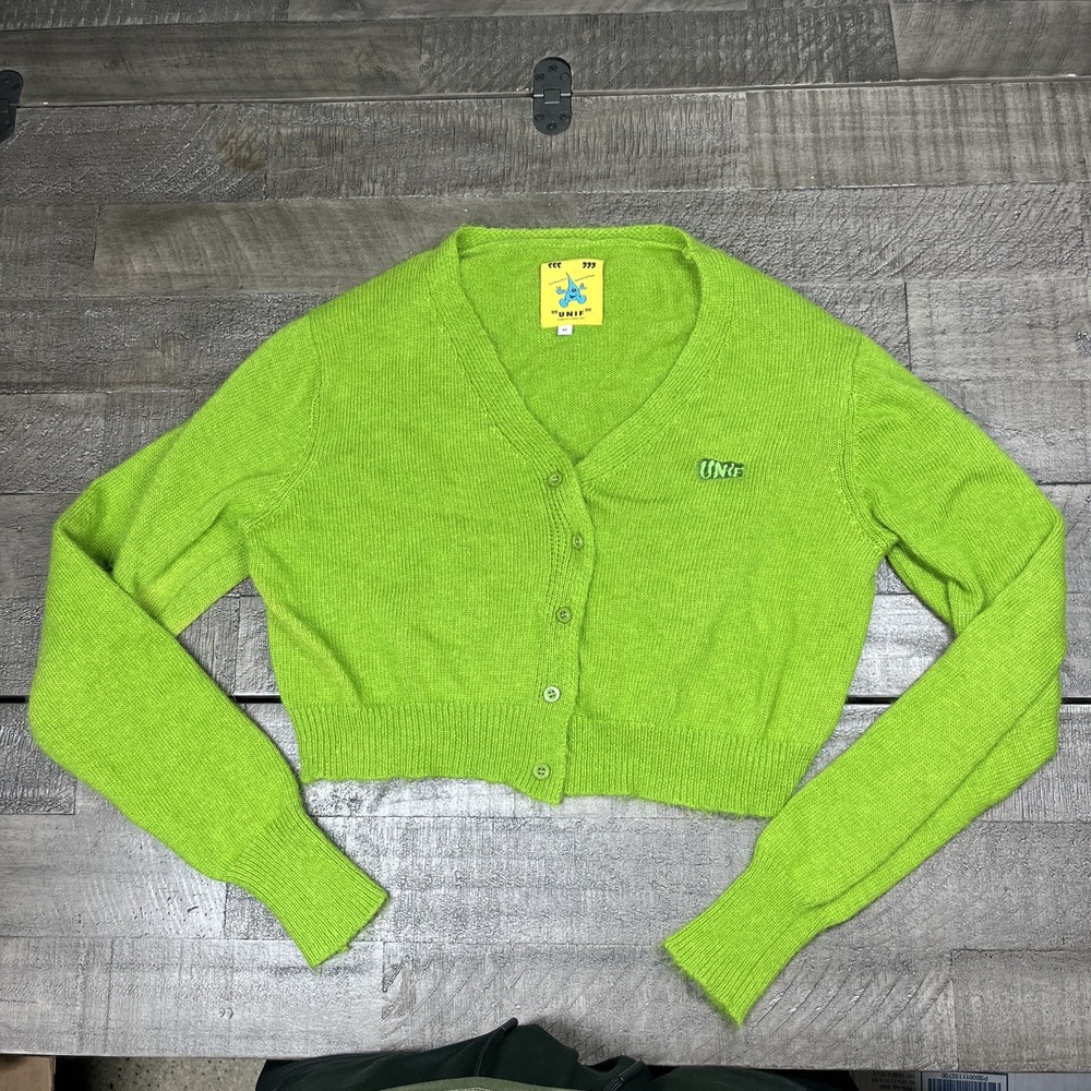 Unif Liv Cardigan Crop Sweater‎ XS Lime Angora Fuzzy Knit Button Long Sleeve